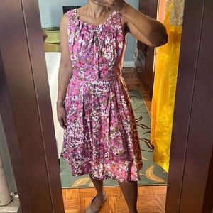 Pink floral sleeveless ruched bow neckline midi dress